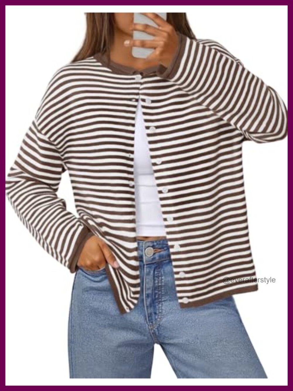 MEROKEETY Women's Striped Cardigan Button Down Rolled Collar Ribbed Hem Loose
